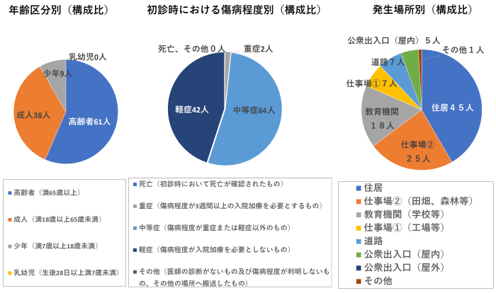 搬送状況の内訳(年齢別、傷病程度、発生場所)