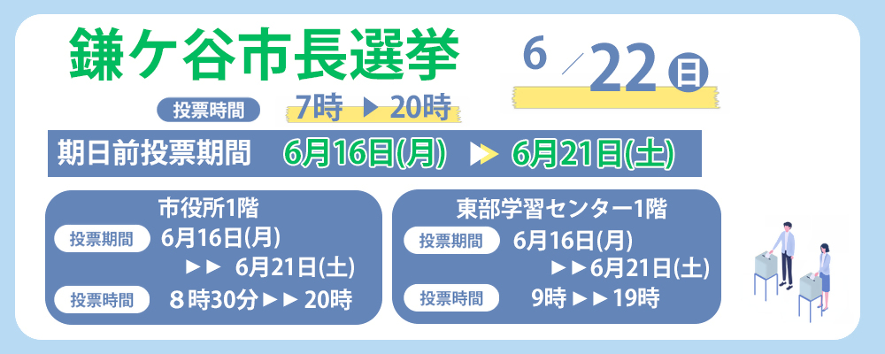 6月22日に予定されている鎌ヶ谷市長選挙の、期日前投票期間の日程が描かれている画像。（6月16日から6月21日）