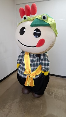 かえるの被り物とシャツ等を着た変な格好のかまたんの写真