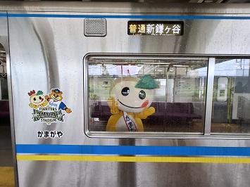 電車の窓越しに手を振るかまたんの写真