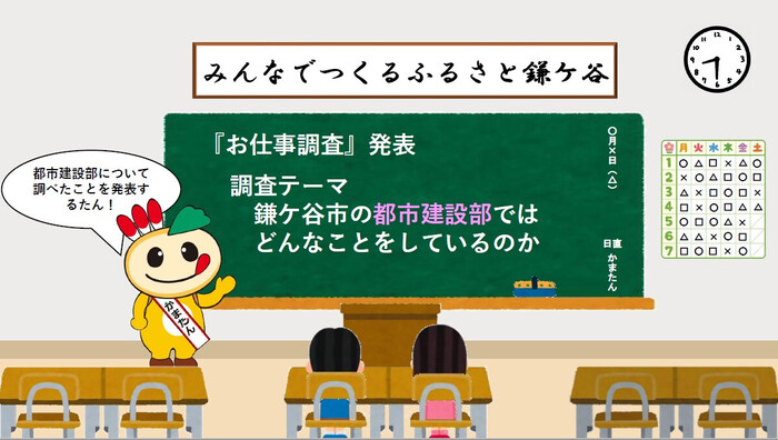 学校の教室の黒板の前がモチーフであり、かまたんが都市建設部紹介について調べたことを発表しているイラスト