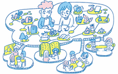 鎌ヶ谷市職員と市民が連携して取り組みをしている様子のイラスト